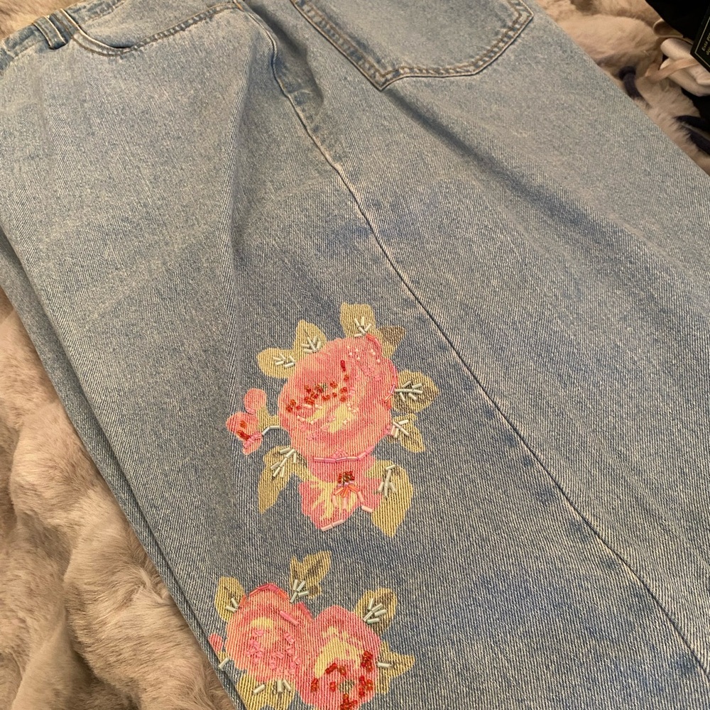 Susan Bristol Light Blue Jeans with Pink Floral Embroidery